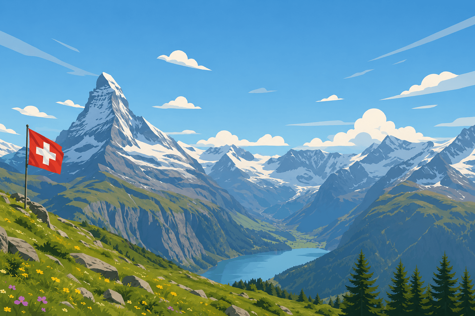 Illustrated Swiss mountain landscape with a Swiss flag.