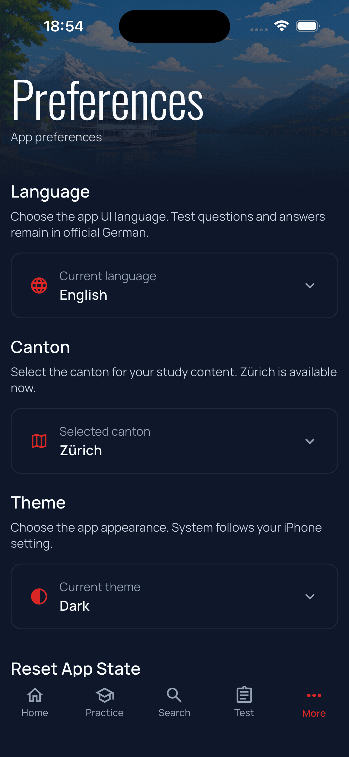 Preferences screen showing language, canton, and dark theme settings.