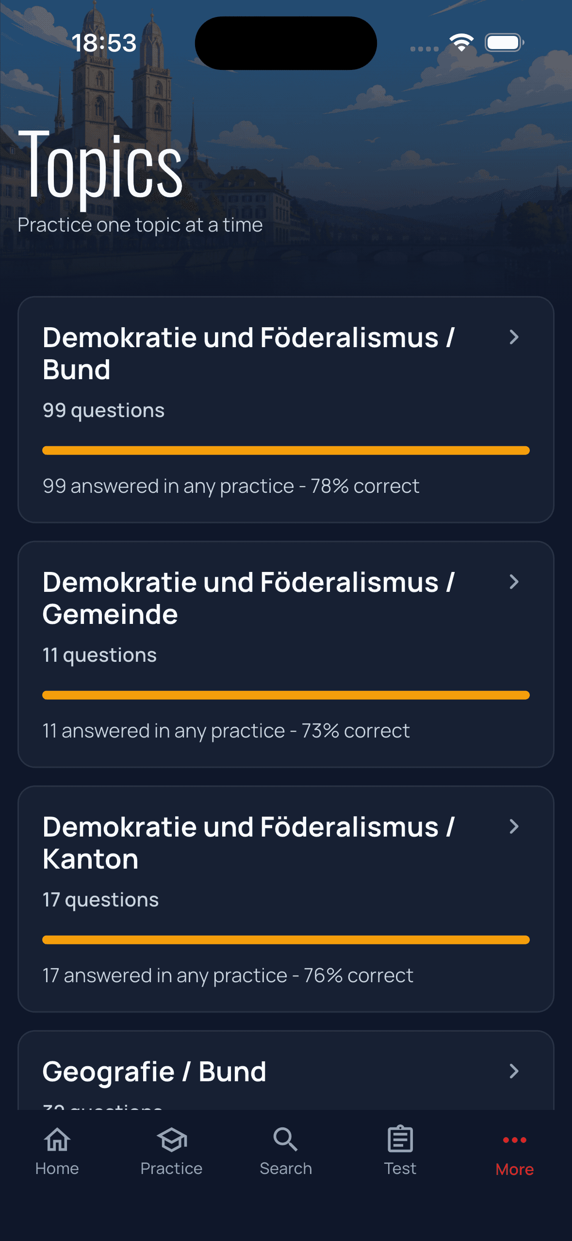 Topic list with progress bars for the currently supported Canton Zürich practice areas.